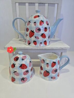 Strawberry Check Ceramic Teapot, Sugar Bowl & Creamer Set - Blue